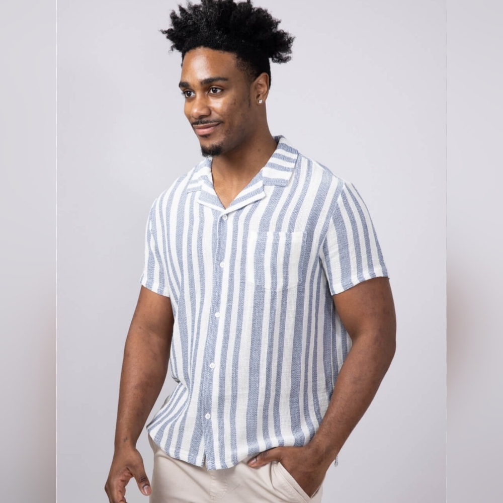 Vintage Summer Blue Striped Casual Button Down Shirt